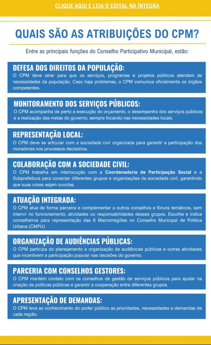 JTabw's tweet photo. Amigos, a Eleição para o #ConselhoParticipativo de #SãoPaulo #CPM será dia 15 de Dezembro, precisamos mobilizar as pessoas que querem um #FUTUROMELHORPARATODOS e ir VOTAR em #CANDIDATOSPROGRESSISTAS na SUBPREFEITURA da sua Residência.

#NucleoDeInclusãoEReflexão #NIR https://t.co/P2Q2MFKcgZ