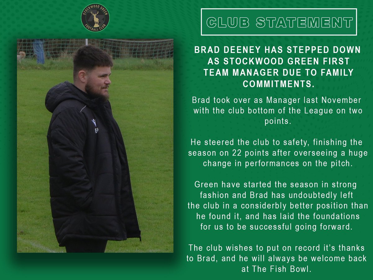 StockwoodGreen's tweet photo. CLUB STATEMENT | @braddeeney1 steps down as #SGFC First Team manager. 

Thanks for everything, gaffer 💚 https://t.co/thhObhDmuH