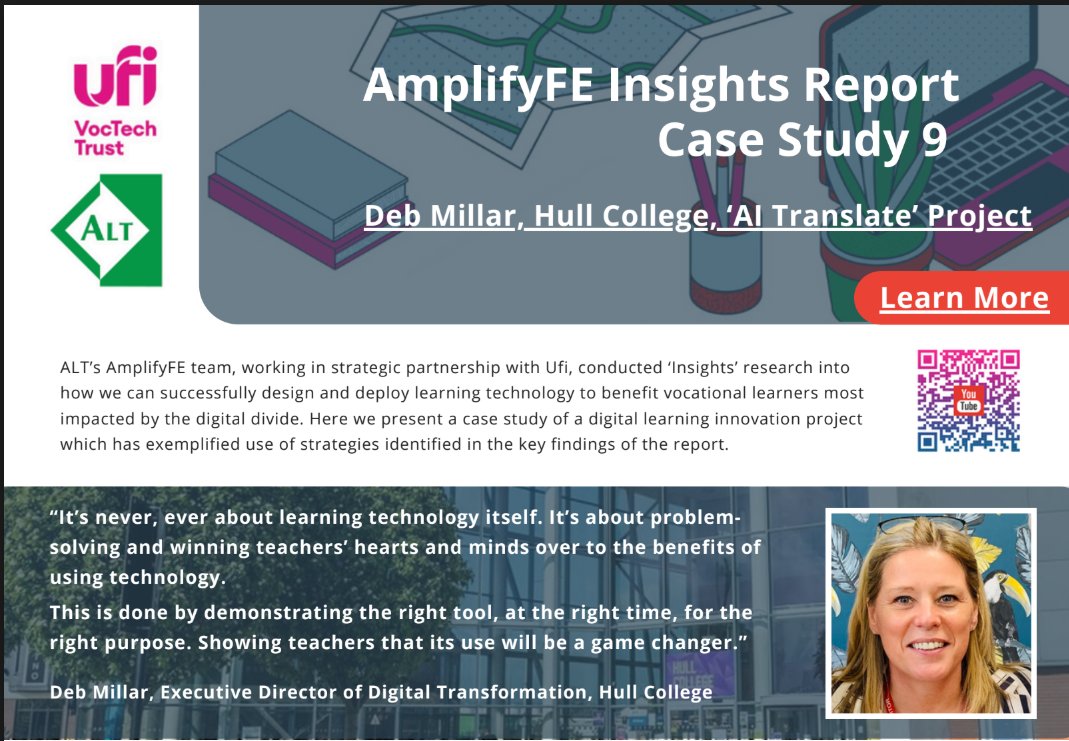 Dr Lynne Taylerson #AmplifyFE #SCMALT #FSET (@realtimeedu) on Twitter photo Delighted to hear that my proposal for April's <a href="/LSRNetwork/">Learning and Skills Research Network</a> conference has been accepted.
I'll be presenting our <a href="/A_L_T/">ALT - alt.ac.uk</a> / <a href="/UfiTrust/">Ufi VocTech Trust</a> Insights research on innovative use of #AI in #FE and #Skills amplifyfe.alt.ac.uk/insights-case-…
#loveFE #AmplifyFE #FEResearch Delighted to hear that my proposal for April's <a href="/LSRNetwork/">Learning and Skills Research Network</a> conference has been accepted.
I'll be presenting our <a href="/A_L_T/">ALT - alt.ac.uk</a> / <a href="/UfiTrust/">Ufi VocTech Trust</a> Insights research on innovative use of #AI in #FE and #Skills amplifyfe.alt.ac.uk/insights-case-…
#loveFE #AmplifyFE #FEResearch