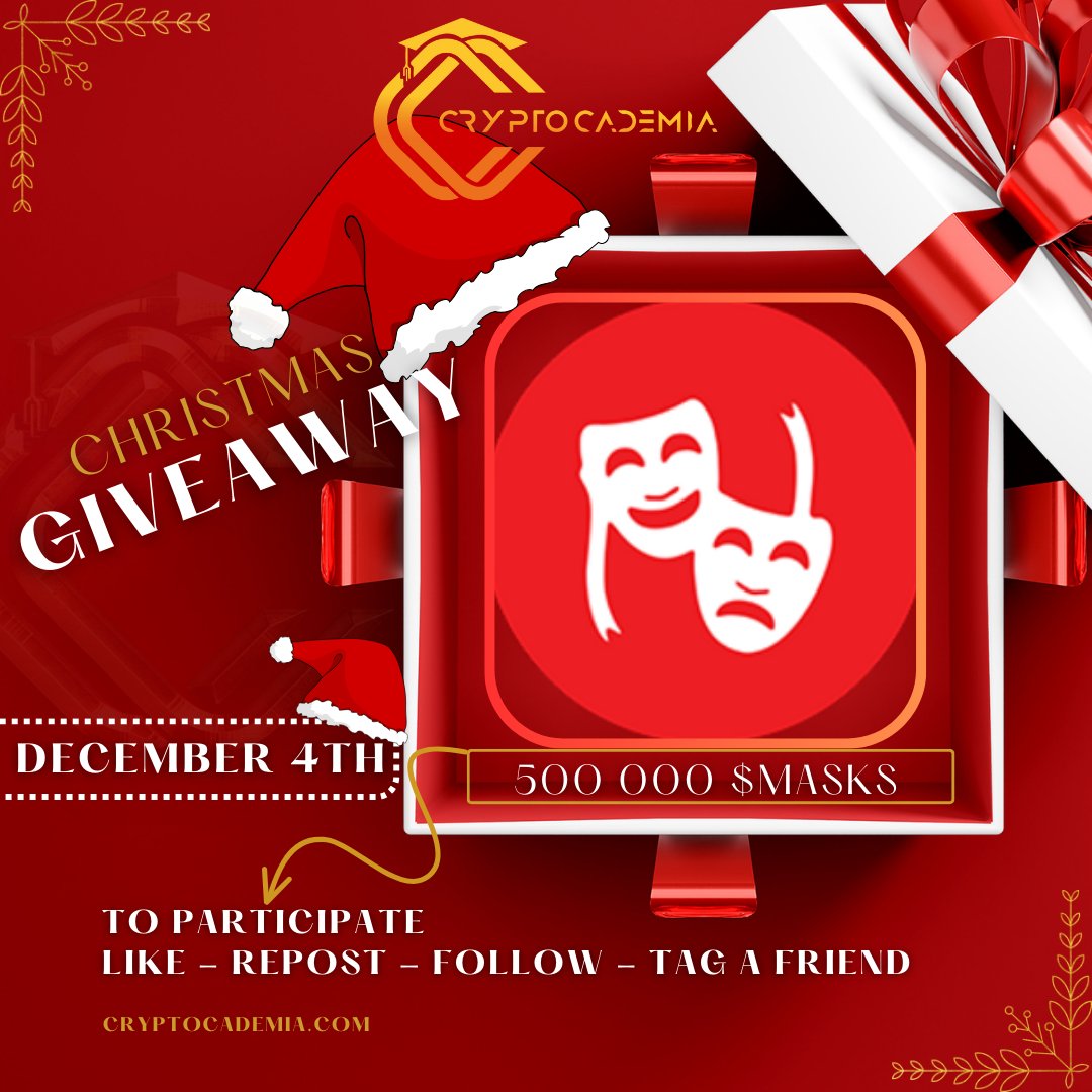 🇬🇧
🎄 Cryptocademia Advent Calendar! 🎁
A #giveaway every day until Christmas – here’s today’s #crypto gift:

👉 Today’s Gift: 500,000 $MASKS by <a href="/MasksToken/">MASKS</a> 

🎉 Draws happen regularly (we’re enjoying the holidays too).

To enter:
1️⃣ Like &amp; Repost
2️⃣ Follow @cryptocademia_
3️⃣ Tag