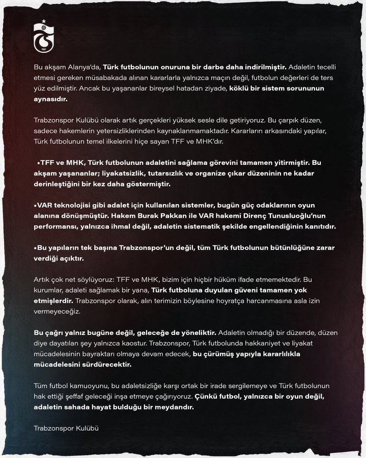 Trabzonspor'dan TFF ve MHK'ya sert paylaşım!