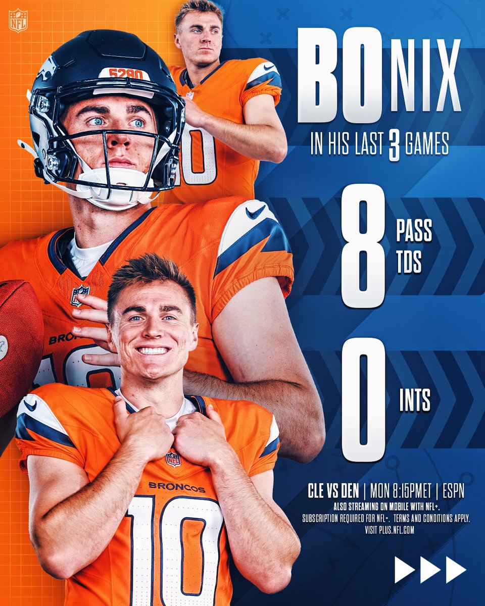 NFL's tweet image. The rookie is playing like a seasoned vet 😤

📺: #CLEvsDEN – Monday 8:15pm ET on ESPN
📱: Stream on #NFLPlus