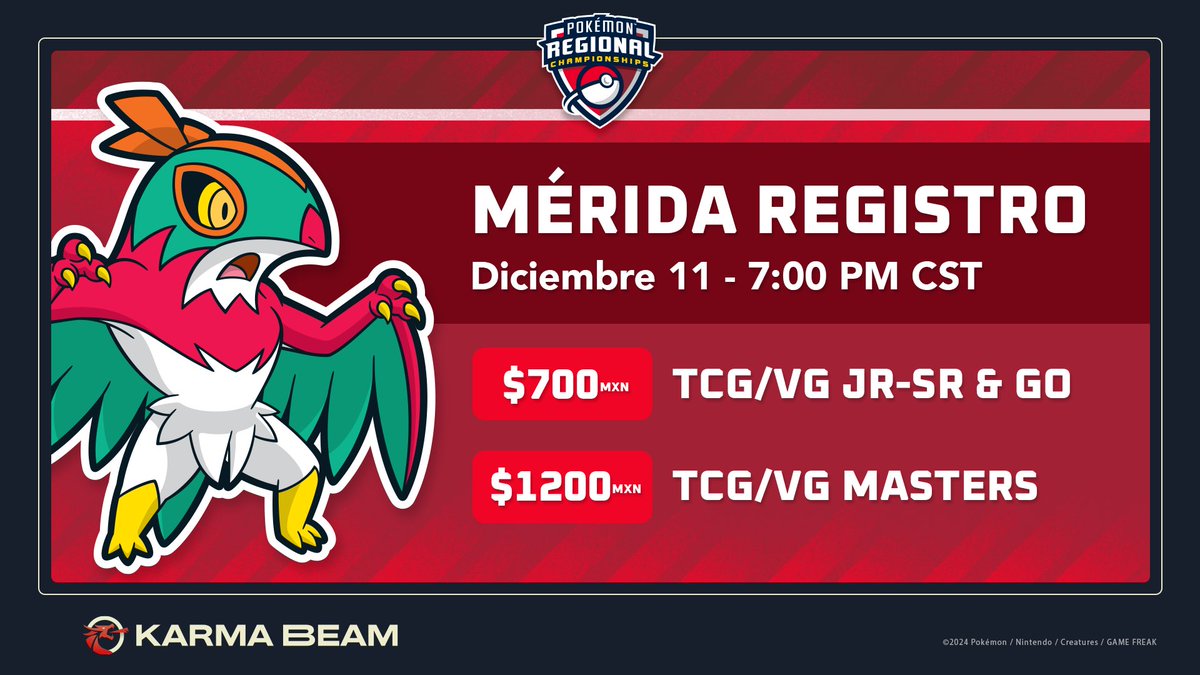 🚨 ¡Atención Entrenadores! El registro del Campeonato Regional de Pokémon en Mérida inicia el próximo 11 de diciembre a las 7:00 PM CST.

El proceso se hará a través de <a href="/rk9labs/">RK9 Labs 🐾 a/k/a rk9.gg in the azure sky</a> — nos vemos muy pronto.

*Contaremos con accesos limitados para Espectadores con un costo de $300 MXN.