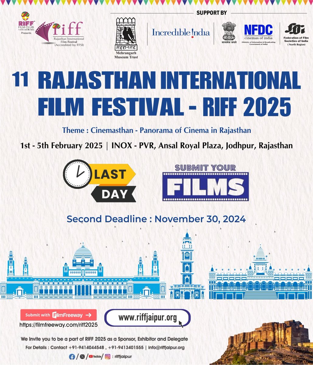 Somendra Harsh (@somendraharsh) on Twitter photo Today Last Day as Second Deadline for Submit Films in Competition or Non Competition Category.
This is a courtesy reminder that our festival
11th Rajasthan International Film Festival #RIFF2025
Second Deadline is today I.e. 30 NOV. 24 <a href="/FilmFreeway/">FilmFreeway</a>
visit riffjaipur.org Today Last Day as Second Deadline for Submit Films in Competition or Non Competition Category.
This is a courtesy reminder that our festival
11th Rajasthan International Film Festival #RIFF2025
Second Deadline is today I.e. 30 NOV. 24 <a href="/FilmFreeway/">FilmFreeway</a>
visit riffjaipur.org