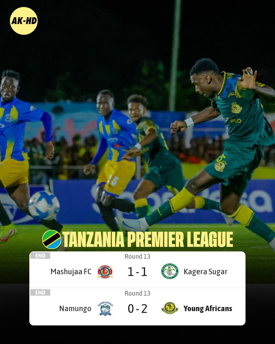 AkisahFCB's tweet photo. 🇹🇿 Tanzania Premier League 

FULL-TIME
Mashujaa FC 1️⃣-1️⃣ Kagera Sugar
Namungo FC 0️⃣-2️⃣ Young Africans 

#LigiKuu #AKHD @tplboard https://t.co/O1CLeojlo5