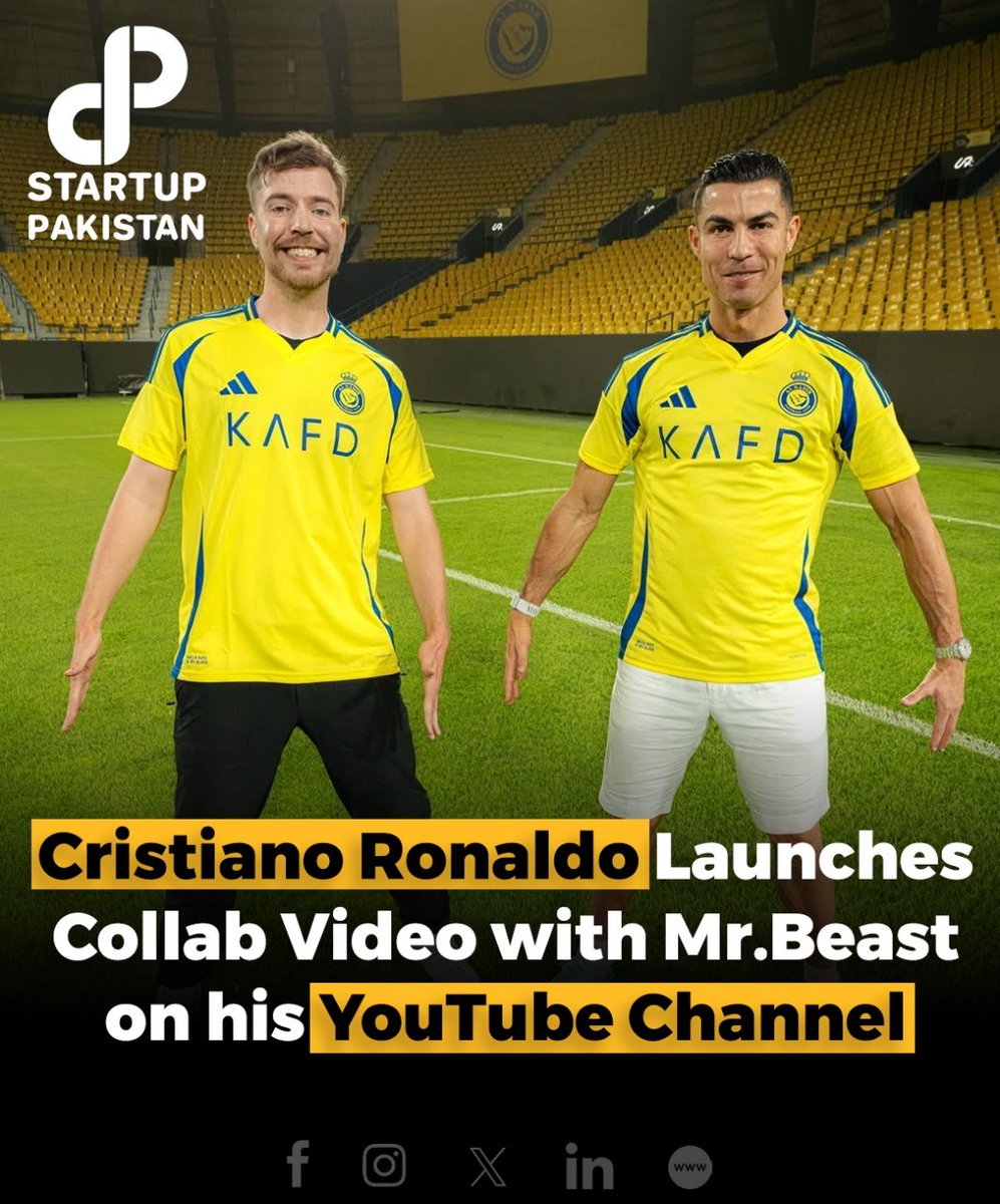 PakStartup's tweet image. Cristiano Ronaldo has teamed up with YouTube sensation MrBeast for a highly anticipated collaboration video on his YouTube channel. 

#CristianoRonaldo #MrBeast #YouTubeCollaboration #Football #MrBeastChallenge