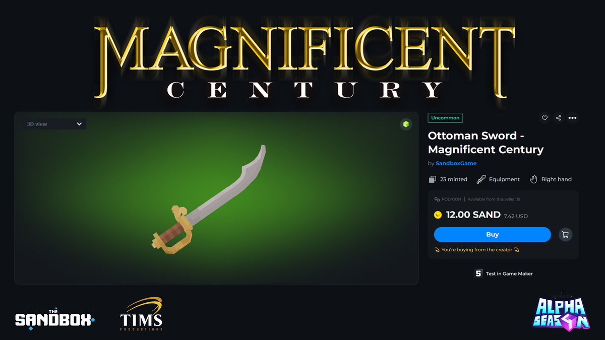 🗡️ Own the iconic Ottoman Sword NFT and immerse yourself in the rich history of #MagnificentCentury! 🏛️

✨ Marketplace: Explore the unique Ottoman Sword #NFT, showcasing the rich history of Magnificent Century.
🛒 Available Now: Visit our marketplace to get yours!