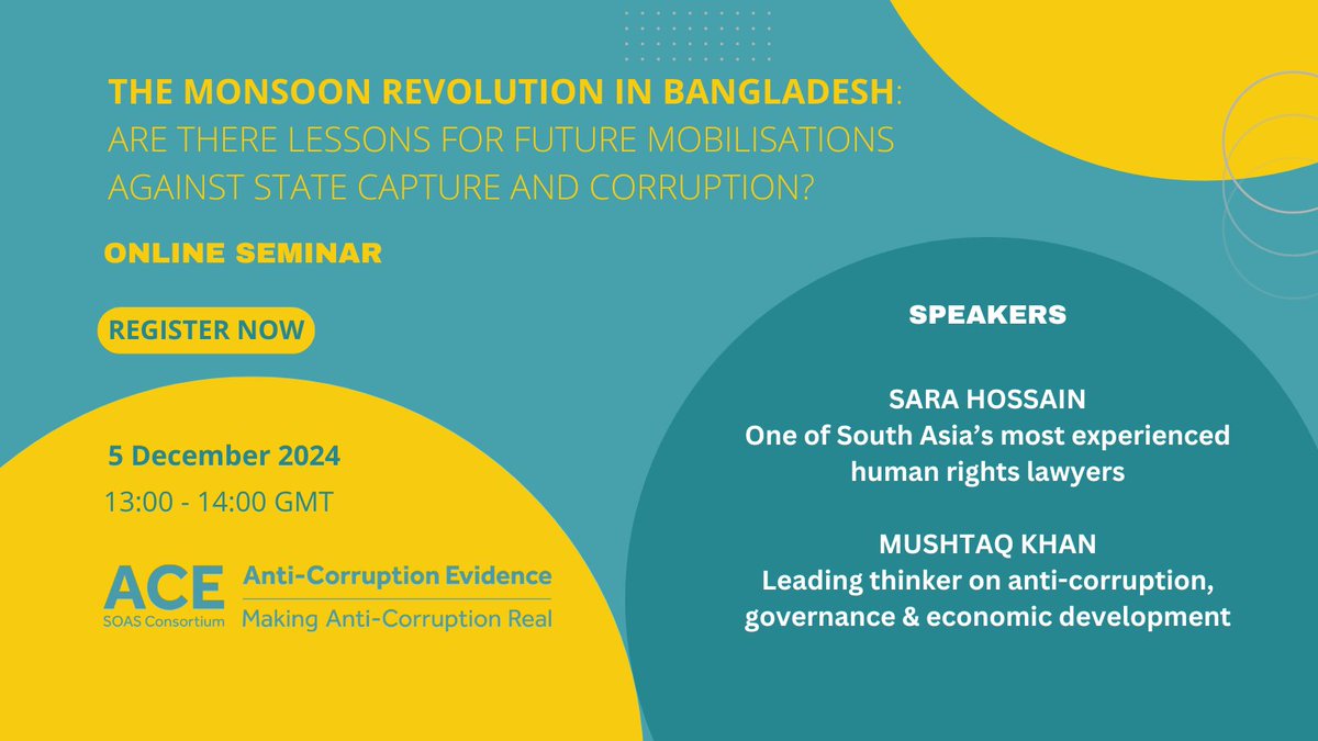 SOAS ACE (@ace_soas) on Twitter photo 🗓️What are our lessons for #StateCapture and #corruption from Bangladesh's #MonsoonRevolution?
Senior Advocate at Bangladesh's Supreme Court, Sara Hossain, will discuss the link between state capture & #HumanRights
With <a href="/mushtaqkhan100/">Mushtaq Khan</a> & <a href="/RoyPallavi2/">Pallavi Roy</a>
eventbrite.co.uk/e/the-monsoon-… 🗓️What are our lessons for #StateCapture and #corruption from Bangladesh's #MonsoonRevolution?
Senior Advocate at Bangladesh's Supreme Court, Sara Hossain, will discuss the link between state capture & #HumanRights
With <a href="/mushtaqkhan100/">Mushtaq Khan</a> & <a href="/RoyPallavi2/">Pallavi Roy</a>
eventbrite.co.uk/e/the-monsoon-…