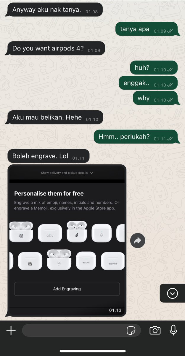 Jam 1 malam nanyain apa gw mau dibeliin airpods 4 hanya karena bisa engrave nama / emoji.. I can't 🥲🥲🥲