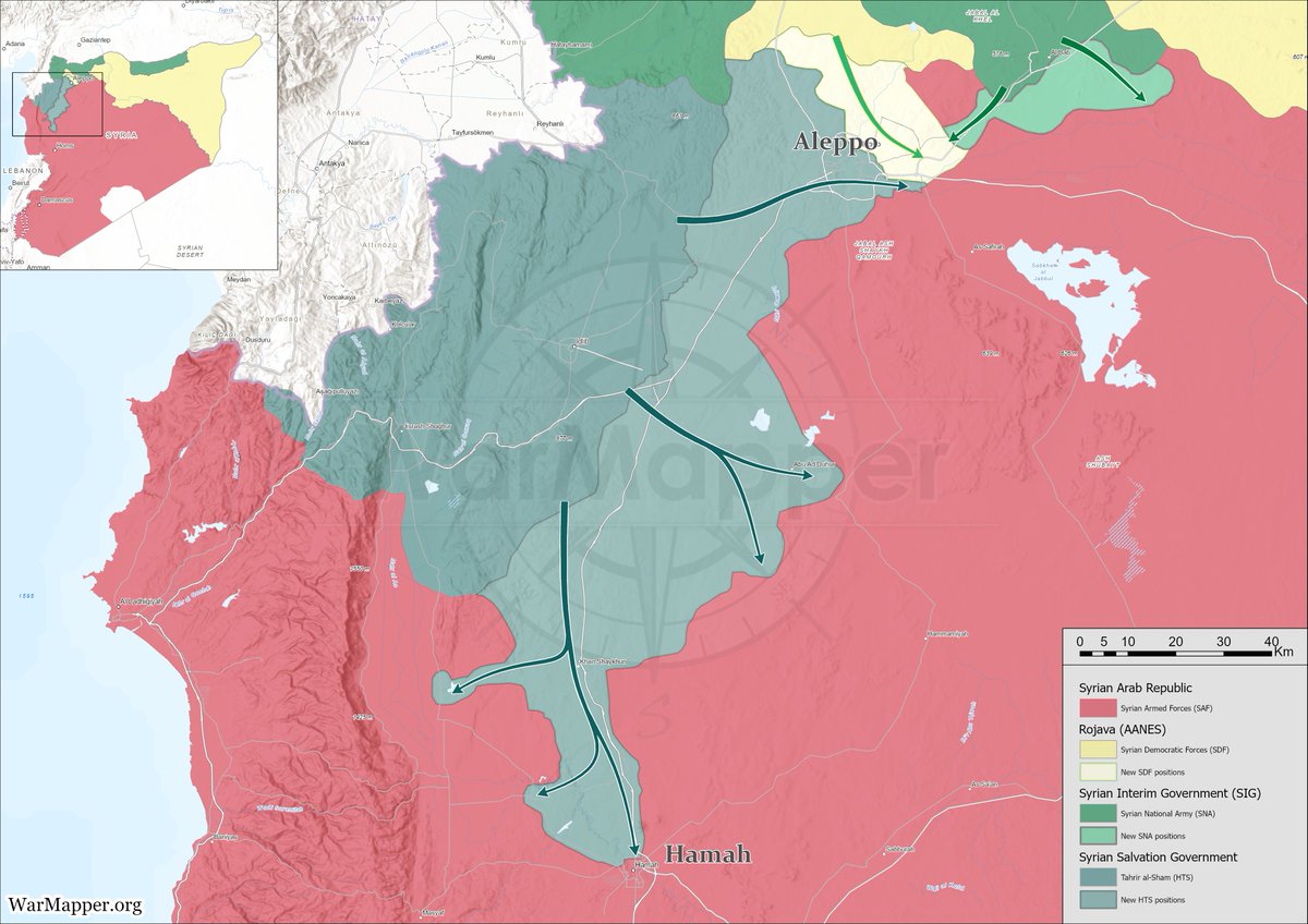 War_Mapper's tweet image. Preliminary Syria update:

Syrian rebels have launched a rapid offensive in the northwest of the country, capturing Aleppo, the country’s second-largest city.

Rebel forces have also advanced southward, reaching the outskirts of Hamah.