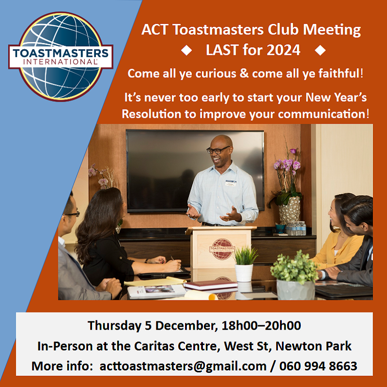 All are welcome to attend this 'Speakathon' meeting which will include 8 prepared speeches and 8 speech evaluations :)