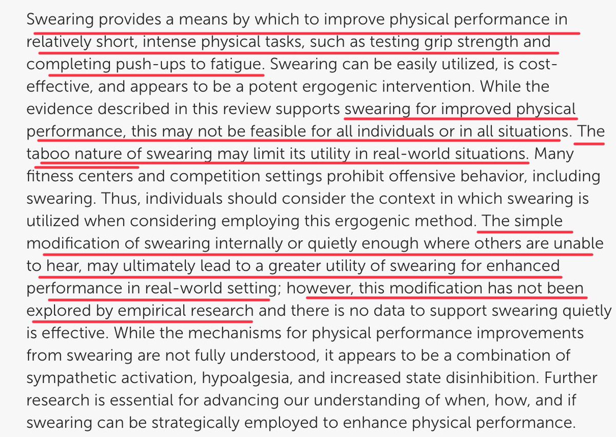 Swearing provides a means by which to improve physical performance in relatively short, intense physical tasks, such as testing grip strength and completing push-ups to fatigue.