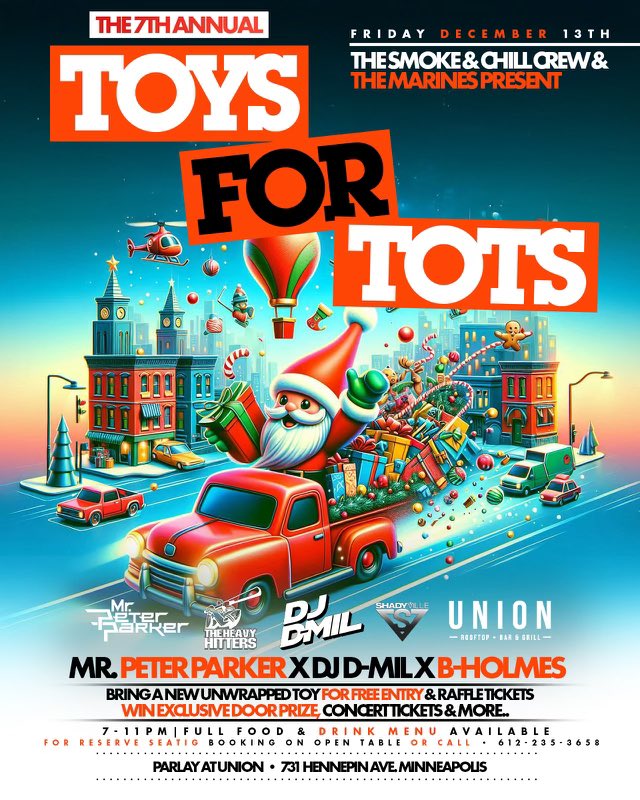 WHEELS OF STEEL ⚙️⚙️ (@djdmil) on Twitter photo Our Annual toy drive is back 12/13 at Parlay at Union.. #toysfortots <a href="/MRPETERPARKER/">Mr 🅿️eter 🅿️arker</a> 🎄🥳 Our Annual toy drive is back 12/13 at Parlay at Union.. #toysfortots <a href="/MRPETERPARKER/">Mr 🅿️eter 🅿️arker</a> 🎄🥳