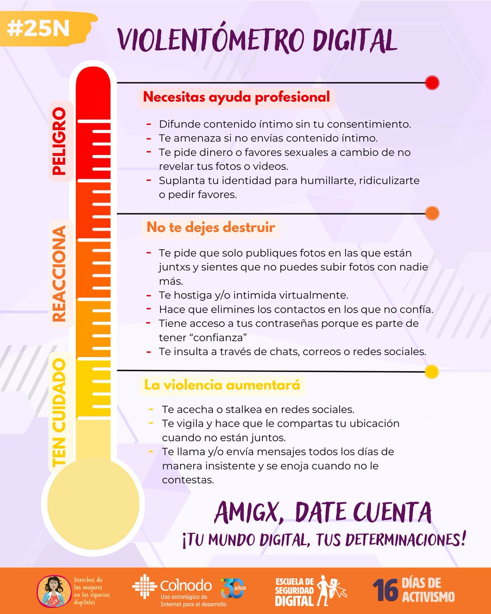 🔒💻 En el Día Internacional de la Seguridad Informática, hacemos un llamado a reconocer las alertas 🚩 que nos indican la presencia de violencia digital basada en género. Es crucial estar atentxs para protegernos y prevenirla. #DominemosLaTecnología #16DíasDeActivismo #25N
