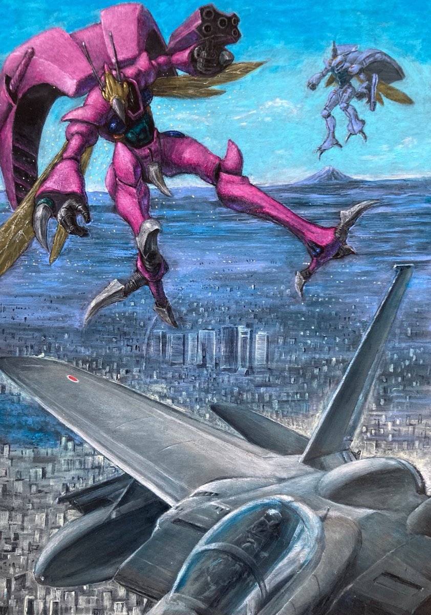 聖戦士ダンバイン　東京上空
ガラリアとショウのオーラ力がぶつかり合い、オーラロードを開いてしまう。地上世界に放り出されたガラリアのバストールに自衛隊機が迫る。
ダンバイン同人誌制作中です。
ダンバインの美術監督の池田繁美さんがお亡くなりになったんですね。ご冥福をお祈りします。