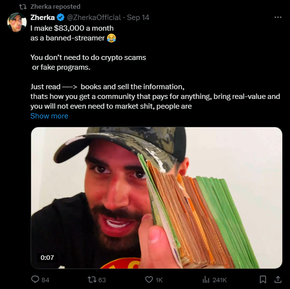 Twisted_space9's tweet photo. @ZherkaOfficial @Timcast Bro selling scams to morons while talking about being a grown ass man. Now that's a take. Men got enough morals not to scam people, not this dweeb though. Bros a boy, throwing tantrums. https://t.co/Y5vngAEqbw