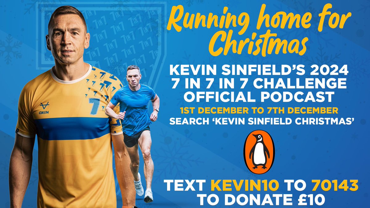 Listen to the official Kevin Sinfield 7 in 7 Podcast now - a fresh episode will drop each day of the challenge going behind the scenes of the #RunningHomeForChristmas challenge 

Spotify - open.spotify.com/show/0rgFicTKH…

Amazon - music.amazon.co.uk/podcasts/cb4ef…

Apple - podcasts.apple.com/us/podcast/run…