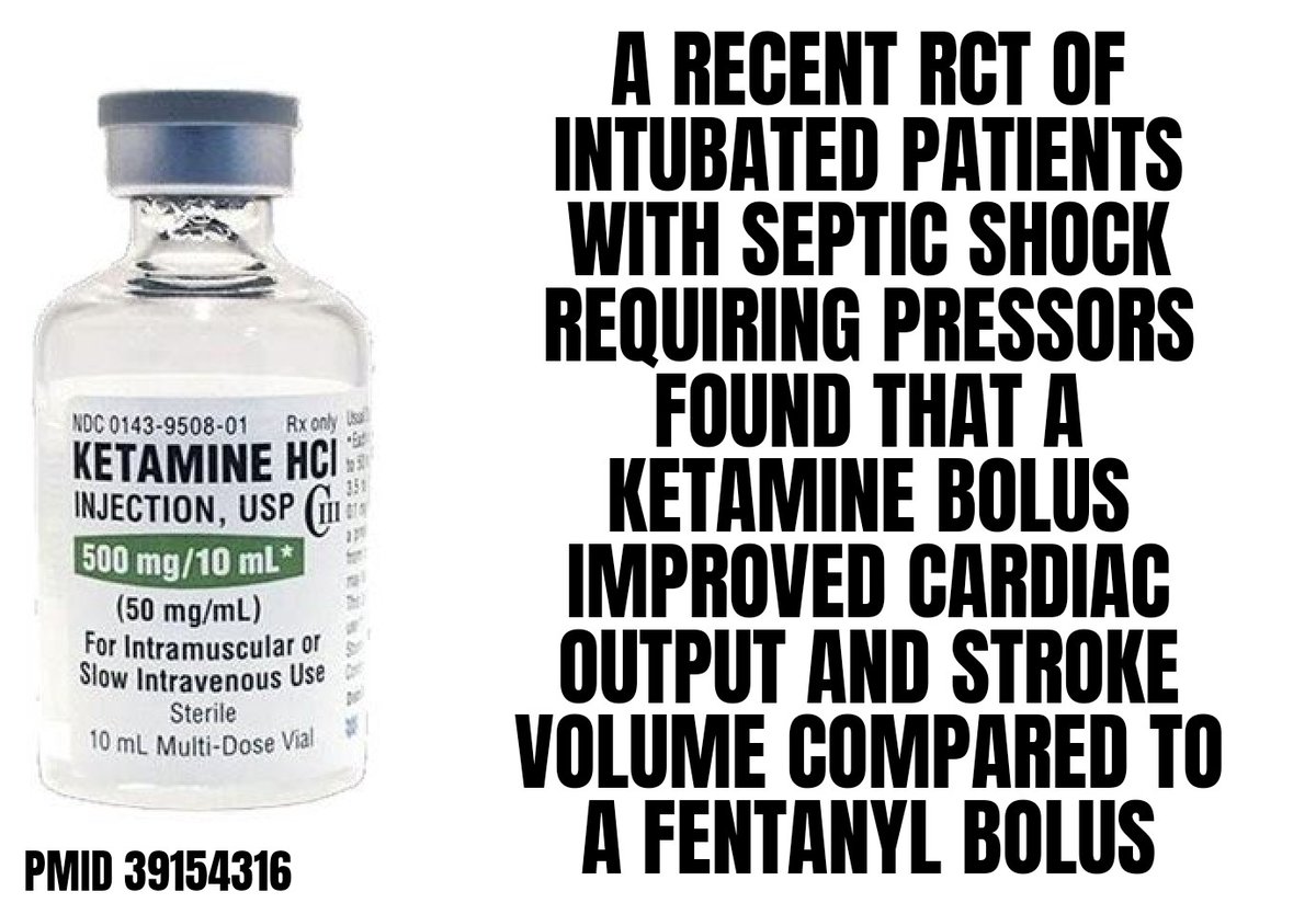 A recent RCT of intubated patients with septic shock requiring pressors found that a ketamine bolus (1 mg/kg) provided improved hemodynamics compared to a fentanyl bolus (1 mcg/kg).

-86 participants randomized
-Must have been intubated with septic shock requiring pressors