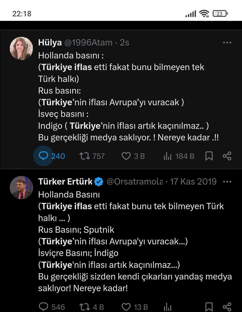 <a href="/1996Atam/">Hülya 🕊️</a> Kendini çok zeki mi sanıyorsun?göbek adın Zekiye’mi yoksa?
Eski,kaynağı belli olmayan yalan  bir paylaşımı yeniymiş gibi göstermeye utanmıyor musunuz? 
Türkiye’yi aciz batmış bitmiş bir şekilde gösterenler bu ülkenin bir numaralı dü$manıdır siz de buna dahilsiniz..