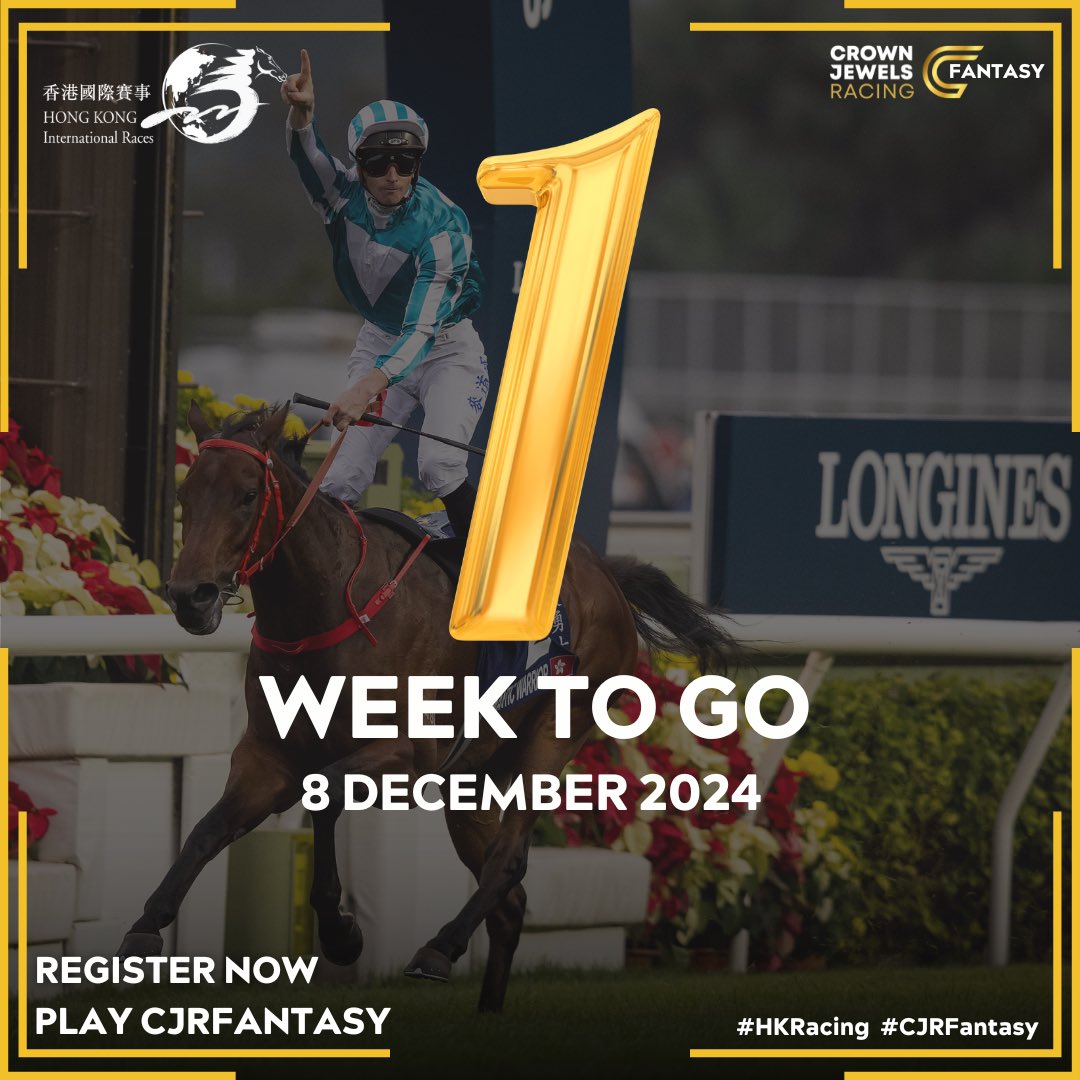 1️⃣ Week To Go‼️

Register Now to Play The Game 🐎
🔗 Link In Bio

🏆: The Hong Kong Cup
🗓️: Sunday 8th December 
📍: Sha Tin

<a href="/HongKong_Racing/">Hong Kong Racing</a> <a href="/HKJC_Racing/">HKJC Racing</a> #hongkong #hkir #cjrfantasy #thoroughbred #horseracing
