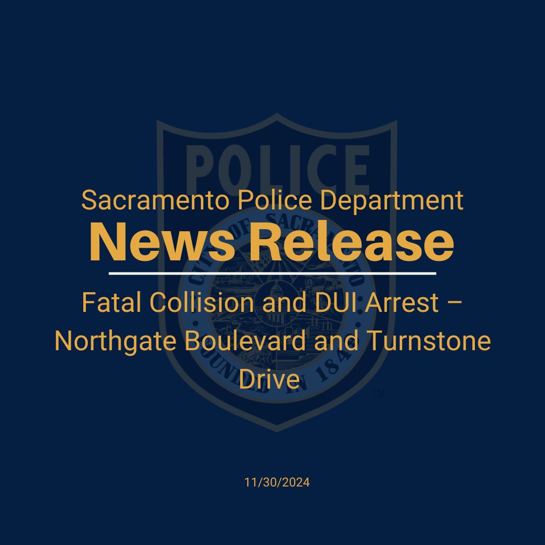 Sacramento Police Department (@sacpolice) on Twitter photo On November 29, 2024, just before 8:00 p.m., Sacramento Police Department patrol officers responded to the area of Northgate Boulevard and Turnstone Drive for reports of a collision involving a vehicle and a pedestrian. Responding officers located the victim, an adult female, On November 29, 2024, just before 8:00 p.m., Sacramento Police Department patrol officers responded to the area of Northgate Boulevard and Turnstone Drive for reports of a collision involving a vehicle and a pedestrian. Responding officers located the victim, an adult female,