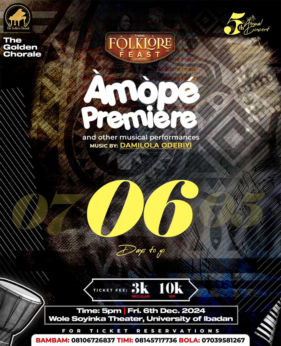 WHO IS AMOPE???

Join us as we premiere AMOPE and deliver an evening of timeless melodies and captivating performances. 🎵  

Date: Friday, 6th of December 

Venue: Wole Soyinka Theatre, University of Ibadan 

Time: 5pm

Secure your seat now! Let’s make magic together. 🎼