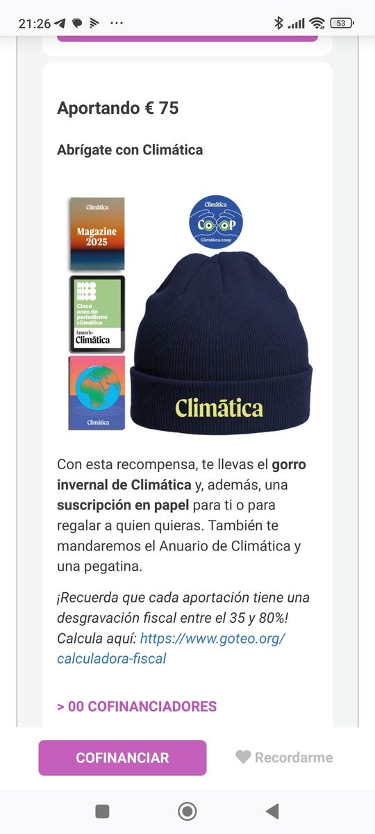 El crowdfunding de <a href="/Climatica/">Climática</a> está a punto de terminar. Estamos muy lejos de obtener el óptimo. Si aún no has podido aportar y estás pensando hacerlo, aprovecha las nuevas recompensas ⤵️
Info: goteo.cc/climaticacoop