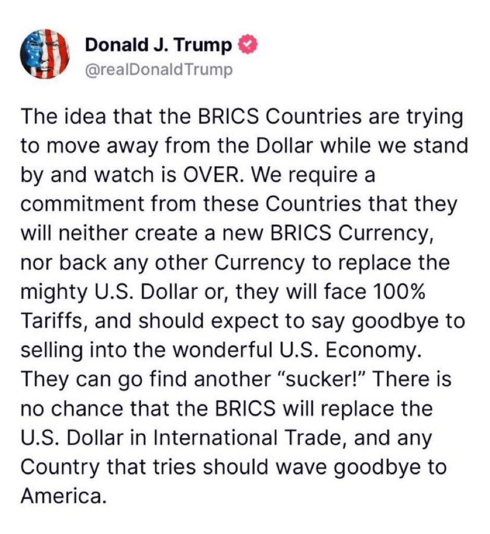 MakeGoldGreat's tweet photo. In 1 post Trump just:

1) Confirmed a BRICS currency
2) Pulled the trigger on its launch 😂

Goodbye Trump trade 👋 hello accelerated #gold &amp; #silver physical buying. https://t.co/JbGLRnEsOJ