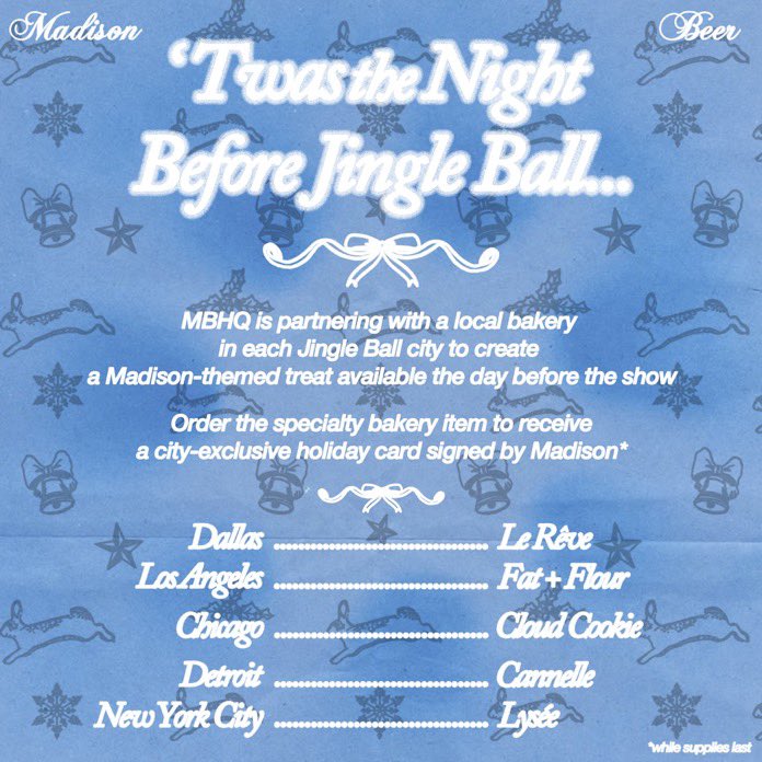 concertleaks's tweet image. Madison Beer has partnered with local bakeries in each city of her Jingle Ball tour to create special treats!

Each order will come with a city-exclusive signed holiday card and a surprise🎧 !!!
