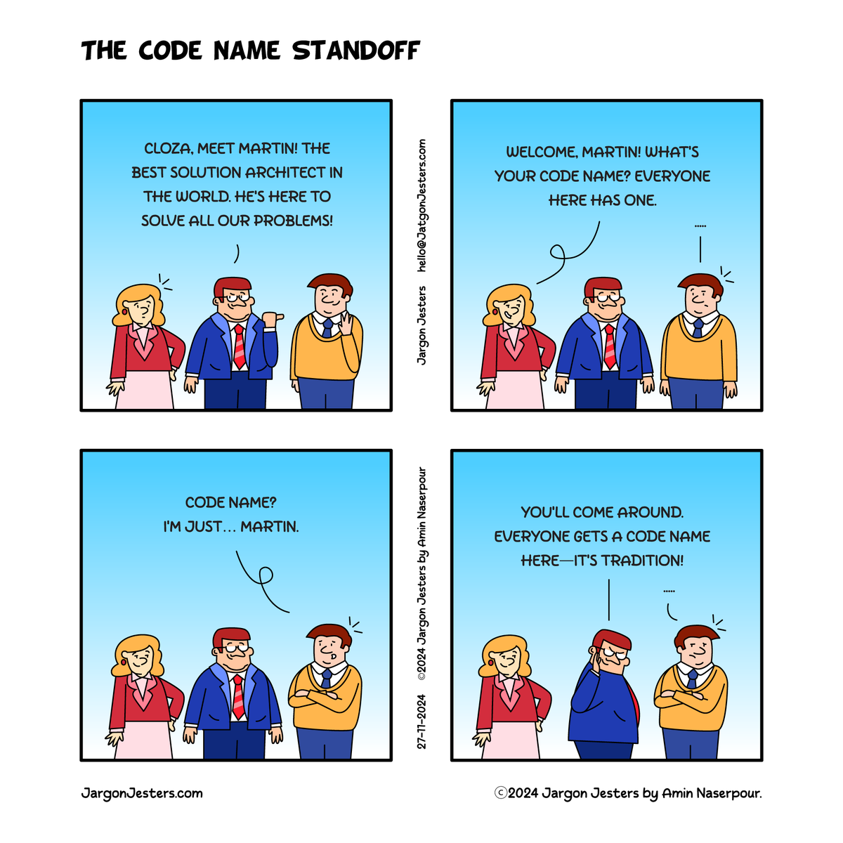jargonjesters's tweet photo. Meet Martin, the latest addition to the Jargon Jester team team and the best solution architect… according to Blizzo (CEO), The Only problem? He’s not buying into the whole code name thing! 

#jargonjesters #sales #salesmanager #officememe #workplacecomic https://t.co/dbvZGbyxje