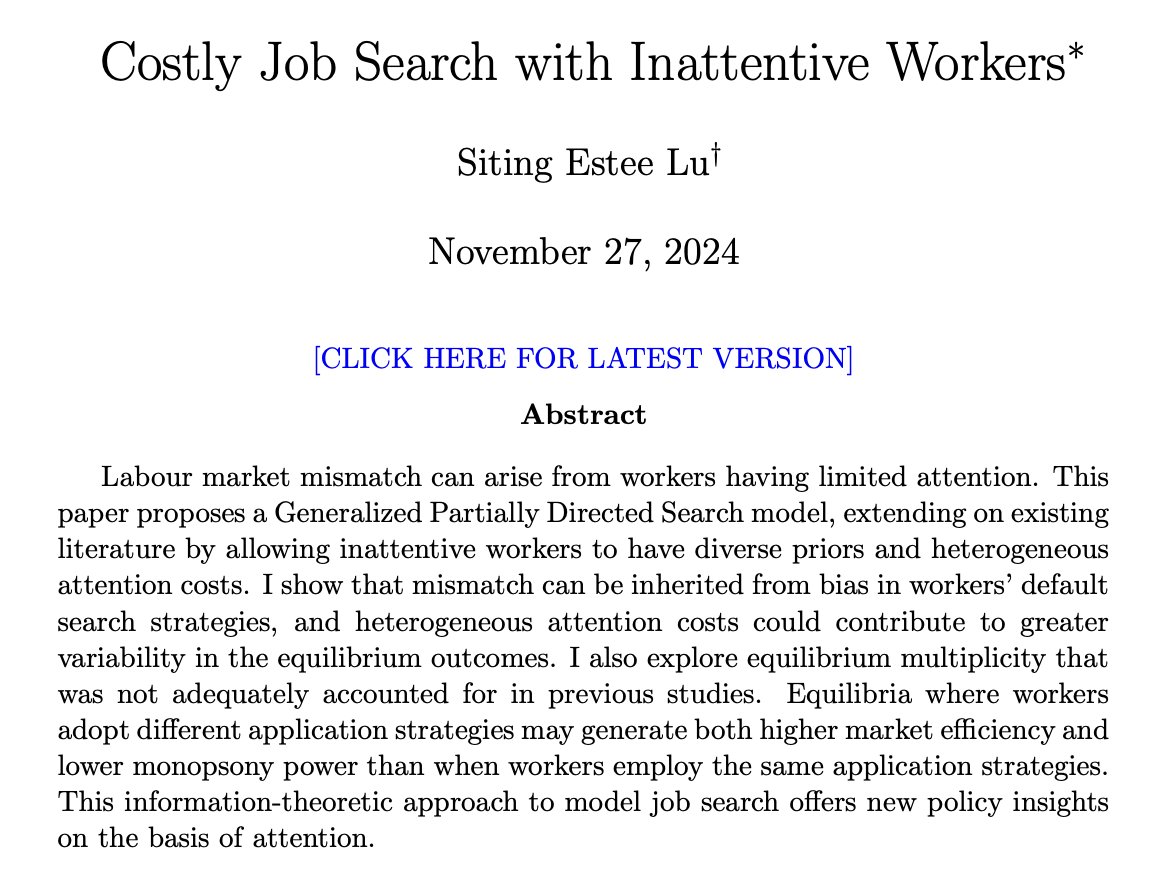 🚨 Hi #EconTwitter! I’m on the #EconJobMarket, and I’m excited to share my #JMP on “Costly Job Search with Inattentive Workers”.

🙋🏻‍♀️ How does workers' limited attention shape their job search behaviours? And critically, what does this mean for labour market efficiency?

🧵👇
