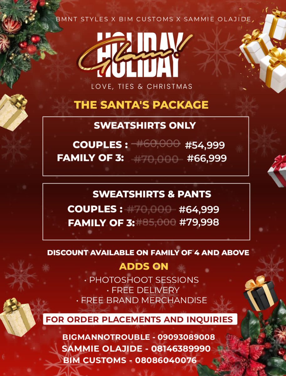 bigmanotrouble's tweet image. &quot;Christmas is a time for family, friends and moments to Cherish&quot;
At HOLIDAY GLAMS, we are invested in helping create long-lasting memories with your loved ones this Christmas season!🎄🎁🌲🎅🇨🇽
ENJOY exciting add ons
• FREE DELIVERIES
• PHOTOSHOOT SESSIONS 
•FREE MERCH ITEMS