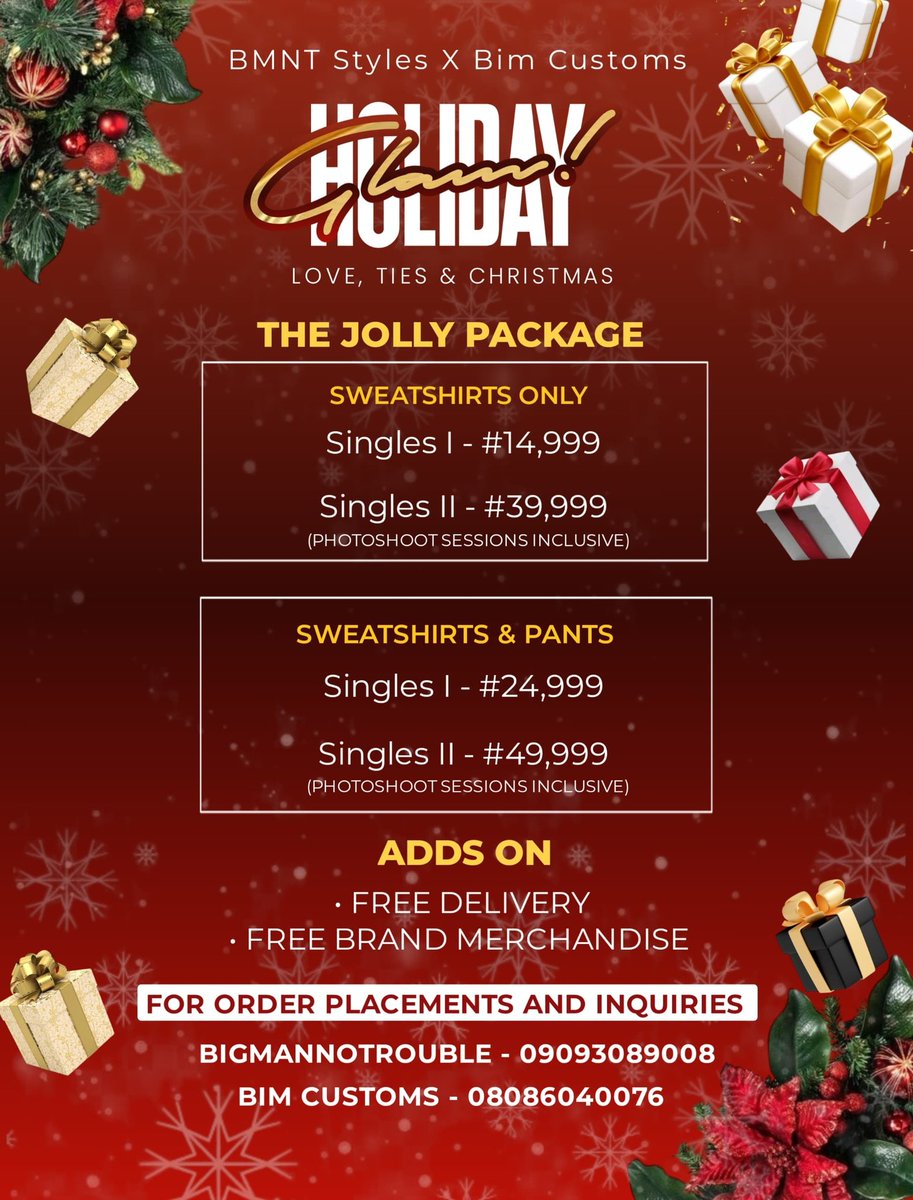 bigmanotrouble's tweet image. &quot;Christmas is a time for family, friends and moments to Cherish&quot;
At HOLIDAY GLAMS, we are invested in helping create long-lasting memories with your loved ones this Christmas season!🎄🎁🌲🎅🇨🇽
ENJOY exciting add ons
• FREE DELIVERIES
• PHOTOSHOOT SESSIONS 
•FREE MERCH ITEMS