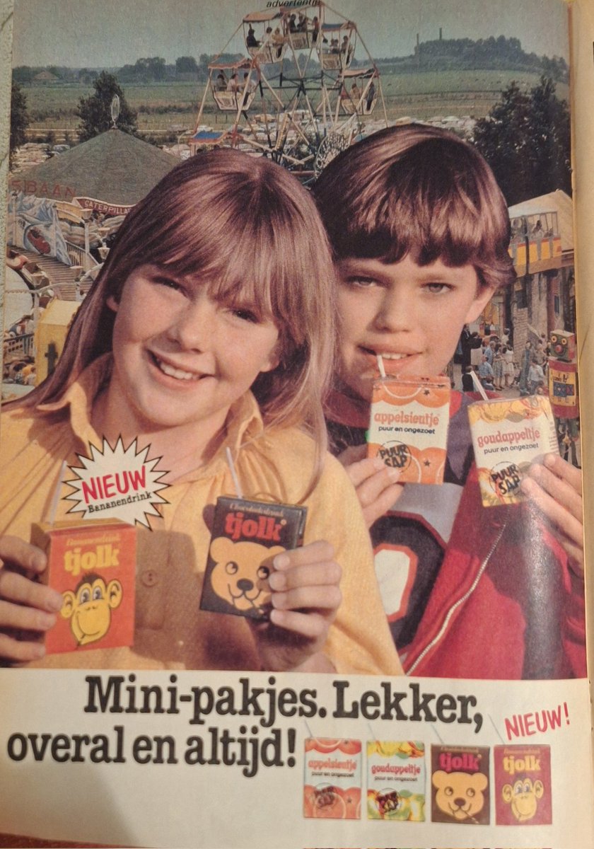 Oude advertenties, altijd leuk. Wie herinnert zich bv "Goudappeltje" en later "Fruitdruifje" nog?
Overal en altijd, maar welk pretpark zien we hier op de achtergrond?
(Ik weet het niet).