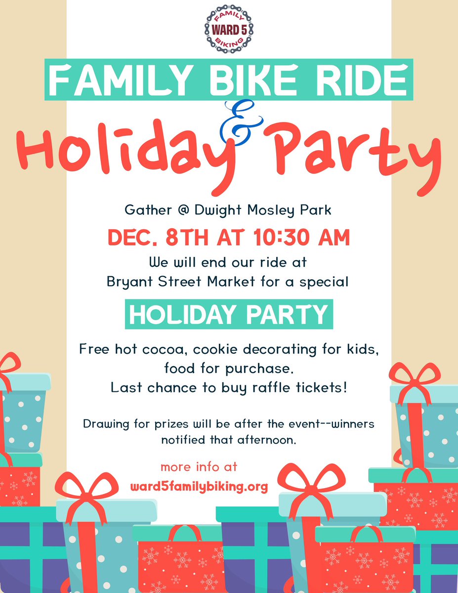 Ward5FamilyBike's tweet image. Join us for: 🚲-> 🌮& 🍻 & 🍪& ☕️
⏰ Gather at 10:30am Sun Dec 8th
📍Dwight Mosley Park
📍Bryant Street Market
•FREE cookies for decorating 🍪
•FREE hot cocoa ☕️
•Happy hour specials ($4 beers, $10 🍸cocktails)
•Tacos 🌮, Ramen 🍜, chicken 🍗, burgers 🍔, latkas 🥔🚲