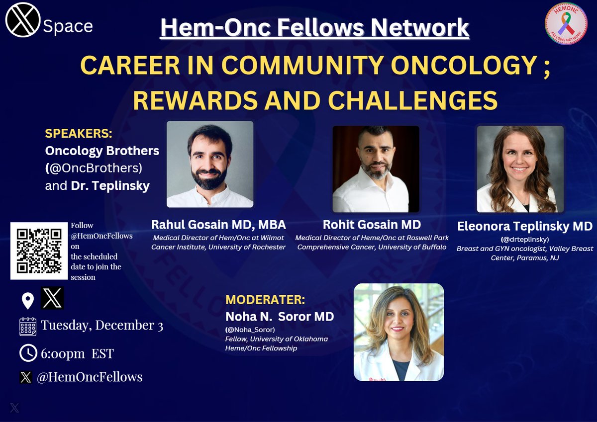 Hem-Onc Fellows Network (@hemoncfellows) on Twitter photo ✍️Mark your calendar for our next upcoming space‼️
Career in Community Oncology: Rewards and Challenges❗️
🌟Speakers: <a href="/OncBrothers/">Oncology Brothers</a> and <a href="/drteplinsky/">Eleonora Teplinsky, MD, FASCO</a>
Moderator: <a href="/Noha_Soror/">Noha N. Soror, MD, MSc. 𓂀</a>
📆 Tuesday, 3rd December 2024
⏰ 6 pm EST ✍️Mark your calendar for our next upcoming space‼️
Career in Community Oncology: Rewards and Challenges❗️
🌟Speakers: <a href="/OncBrothers/">Oncology Brothers</a> and <a href="/drteplinsky/">Eleonora Teplinsky, MD, FASCO</a>
Moderator: <a href="/Noha_Soror/">Noha N. Soror, MD, MSc. 𓂀</a>
📆 Tuesday, 3rd December 2024
⏰ 6 pm EST