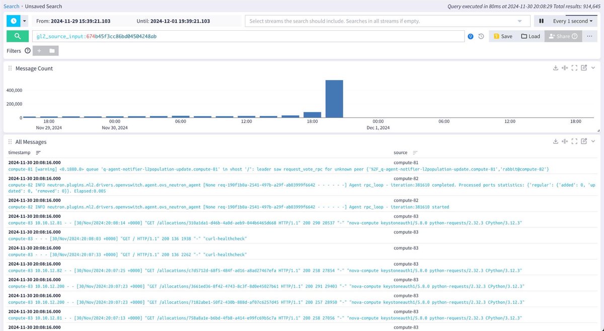I forgot how clutch graylog is 🤌
- easy to setup
- easy to search
- doesn’t eat all of my RAM 

Now to start troubleshooting openstack 🫠