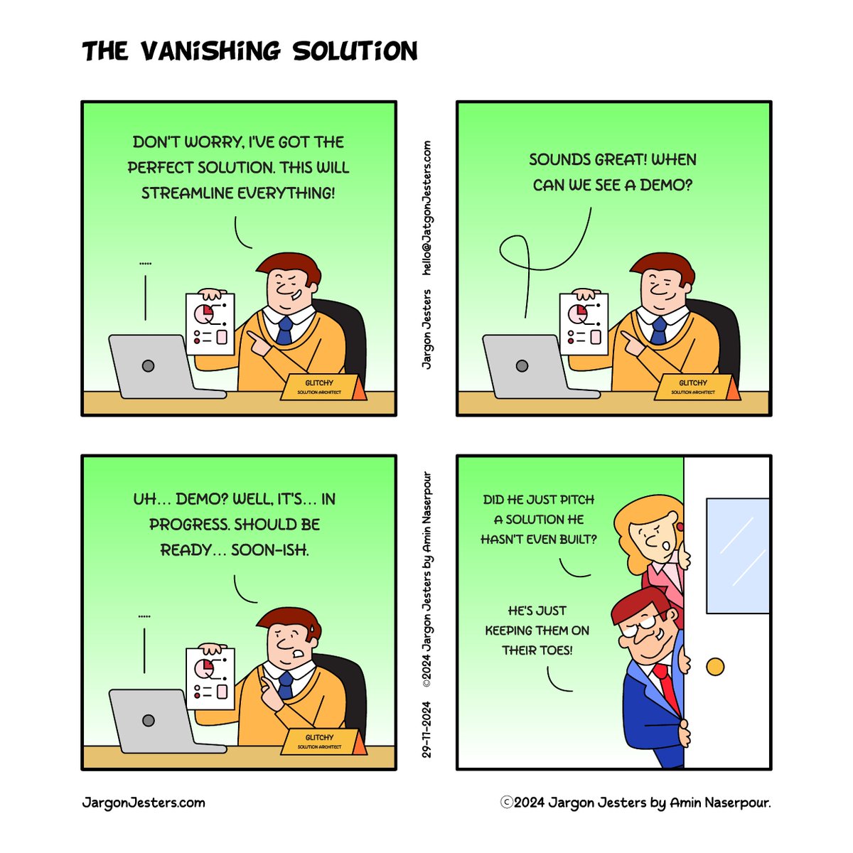 jargonjesters's tweet photo. Martin’s "solution"? Not quite ready for prime time. But hey, nothing says mystique like a solution that’s still cooking...

#jargonjesters #sales #business #officememe #officehumor #workplacehumor #workplacejoke https://t.co/SMXwlSLFWf