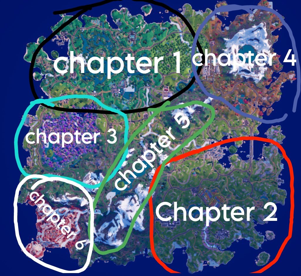Am I crazy, or does the new map feel like a mix of all the maps? 🤔
Ch1: Darker forest biome  
Ch2: Lighter forest biome  
Ch3: Purple forest (like Reality Tree)  
Ch4: Autumn biome (like Anvil Square)  
Ch5: Advanced terrain (middle)
Ch6: bottom left corner
#Fortnite