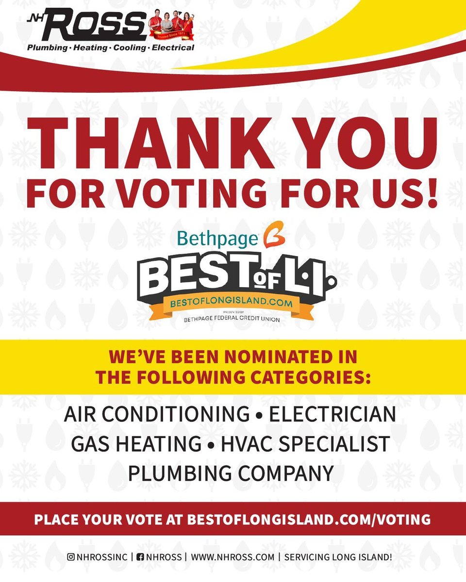 THANK YOU FOR VOTING FOR US!  We're honored to be nominated in the following categories:
- Air Conditioning
- Electrician
- Gas Heating
- HVAC Specialist
- Plumbing Company
Show your support and place your vote by clicking the link in our bio!