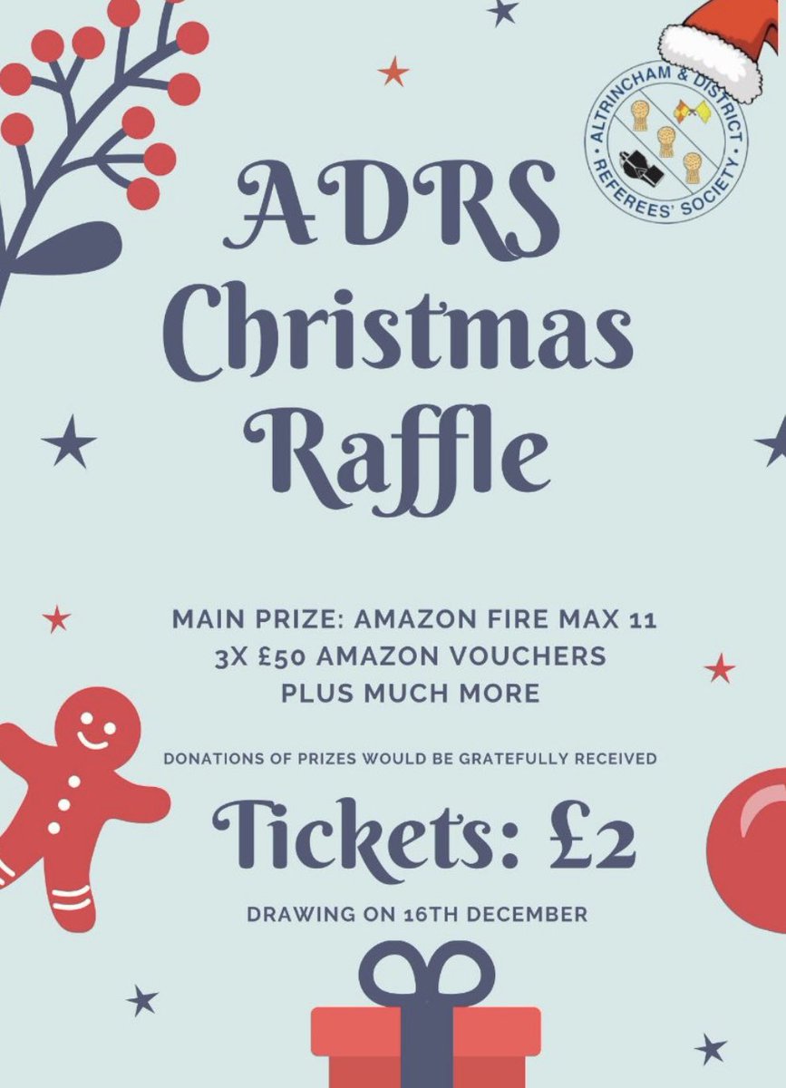 We are delighted to announce the return of our Christmas Raffle, on Monday 16th December! This annual event is our main fundraiser, enabling us to provide training and development opportunities to our referees throughout the year.

Tickets: £2 per entry
checkout.square.site/merchant/MLMH6…