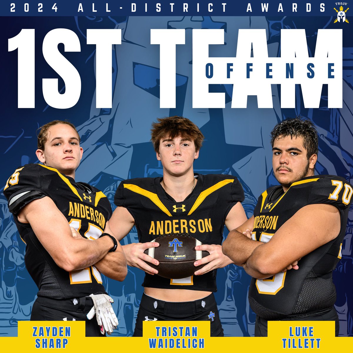 After a historic year - most points in Anderson history and a berth in the state playoffs - it is time for the ALL-DISTRICT awards. Congratulations to our players who earned 1st Team Offense All-District recognition. #TrojanPr!de