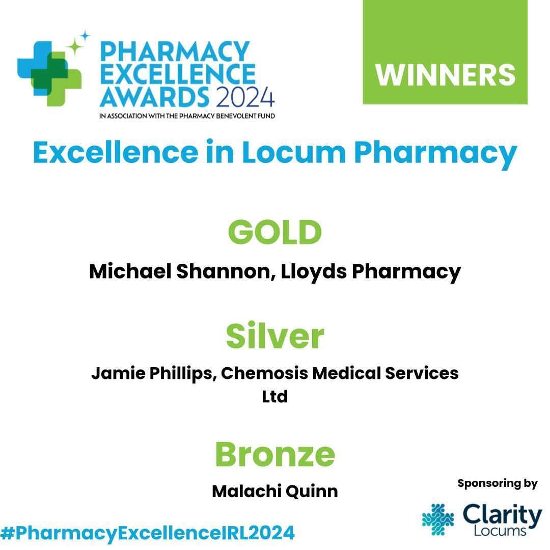 We are delighted to announce the winners of Excellence in Locum pharmacy, proudly sponsored by @Clarity Locums 

<a href="/JamieP_25/">Jamie Phillips</a> 

For full list of winners, see our website
#PharmacyExcellenceIRL2024