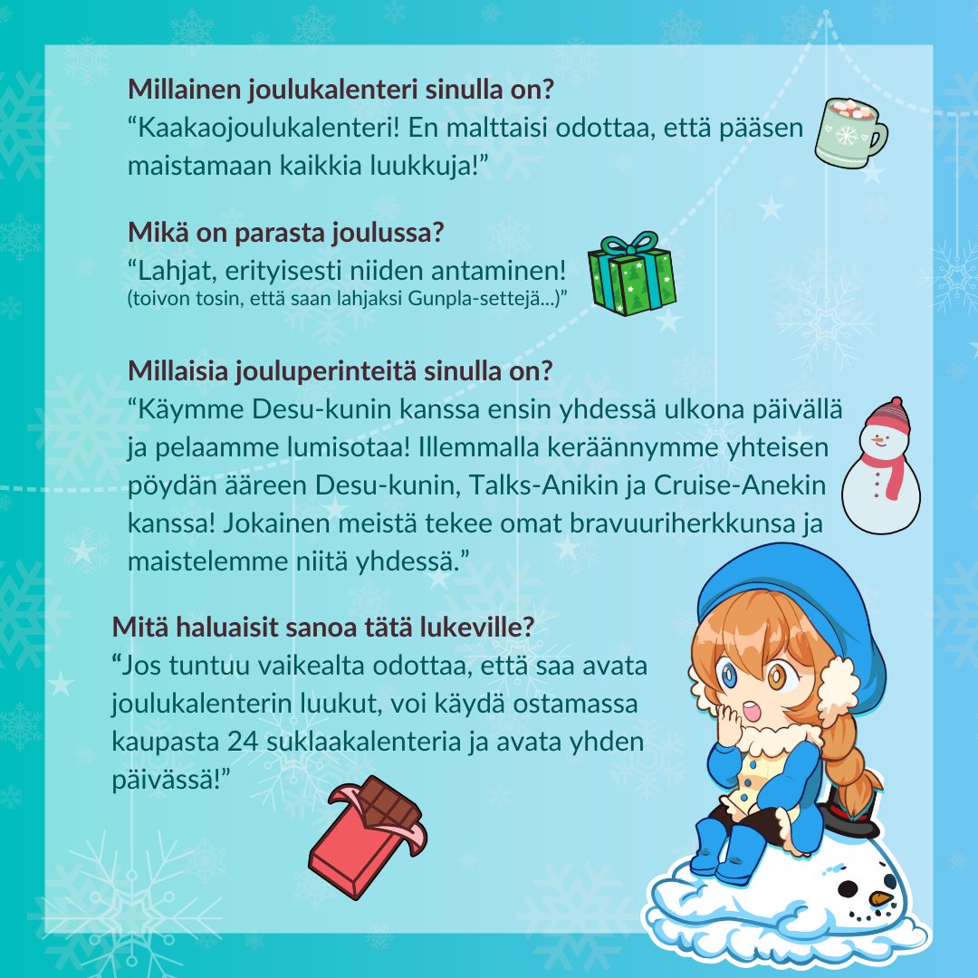 desukun's tweet photo. Muistatko vielä Frosti-chanin? Frosti odottelee jo nimikkotapahtumaansa Desucon Frostbitea, mutta hän on myös innoissaan alkaneesta joulukalenterista! 

Kysyimme Frosti-chanilta muutamia  kysymyksiä!

Miten sinä vastaisit niihin? https://t.co/SZ836AgHaG