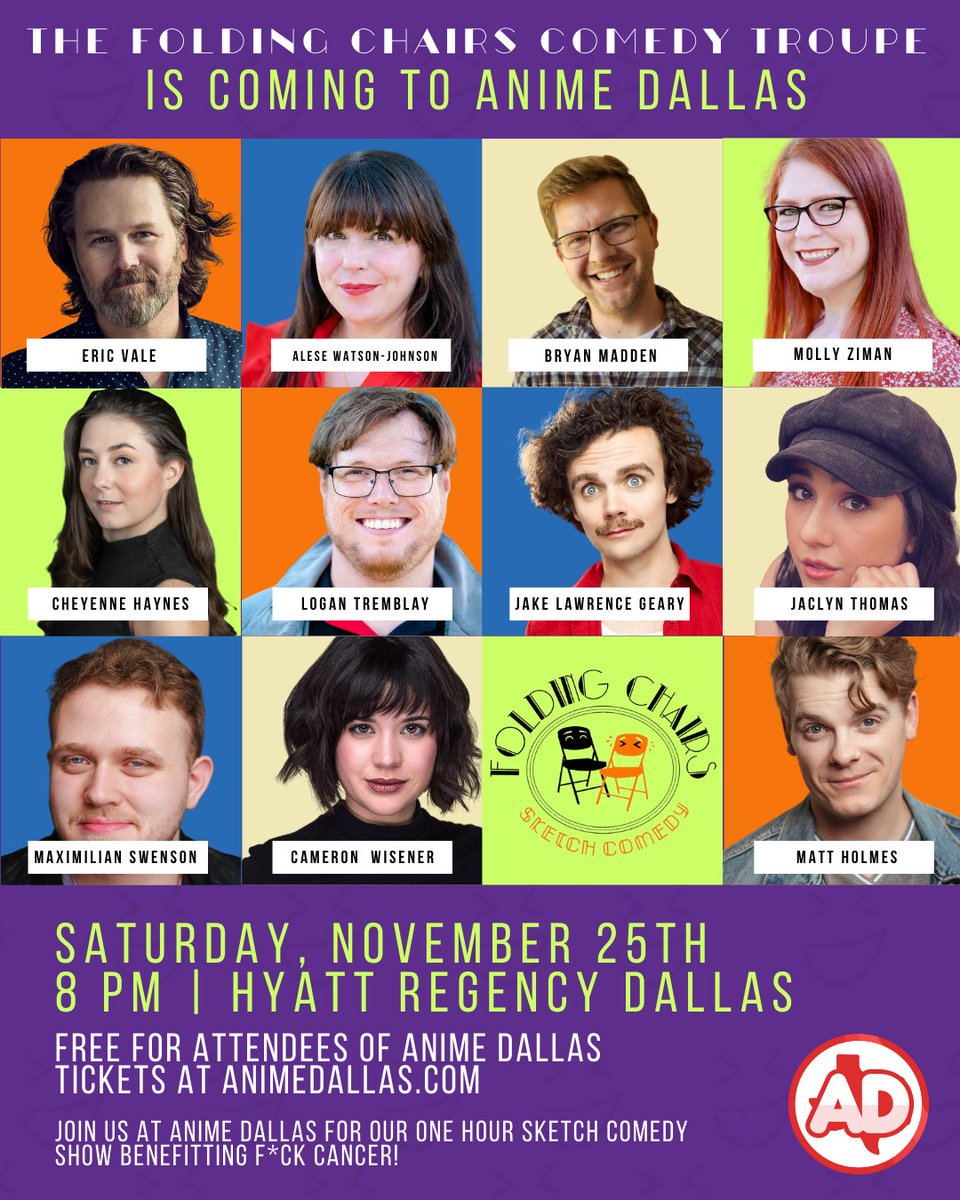 It's a big night at #AnimeDallas2024! Tonight at 8pm, our guest <a href="/ericvale/">Eric Vale</a> presents his comedy troupe Folding Chairs in Panel 1. It's a hilarious show, and it's for a great cause! Loosen up your funny bones and come ready to laugh!
#AnimeDallas #anime