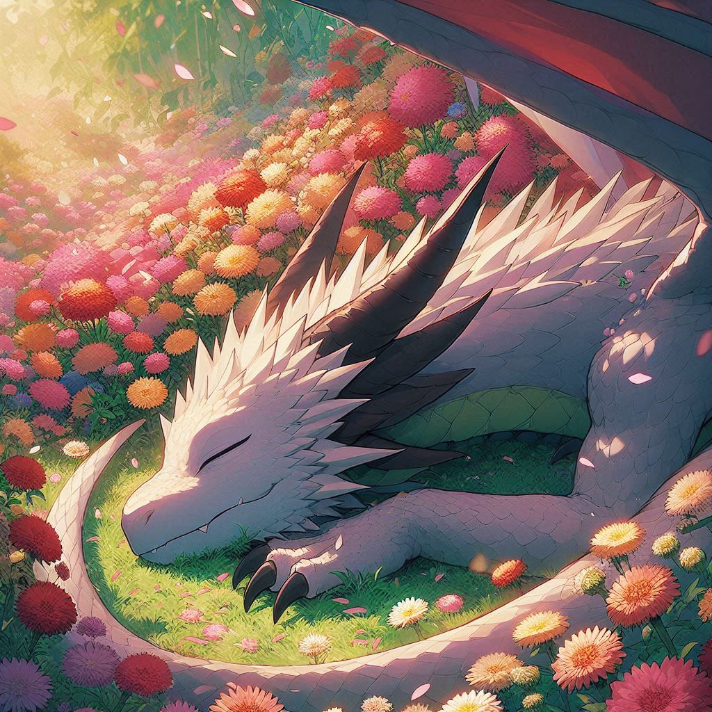 mightyfanforce's tweet photo. "Amidst a sea of vibrant blossoms, the dragon rests peacefully, embodying the harmony between strength and serenity."

#AIart https://t.co/LCj5LwS3b1