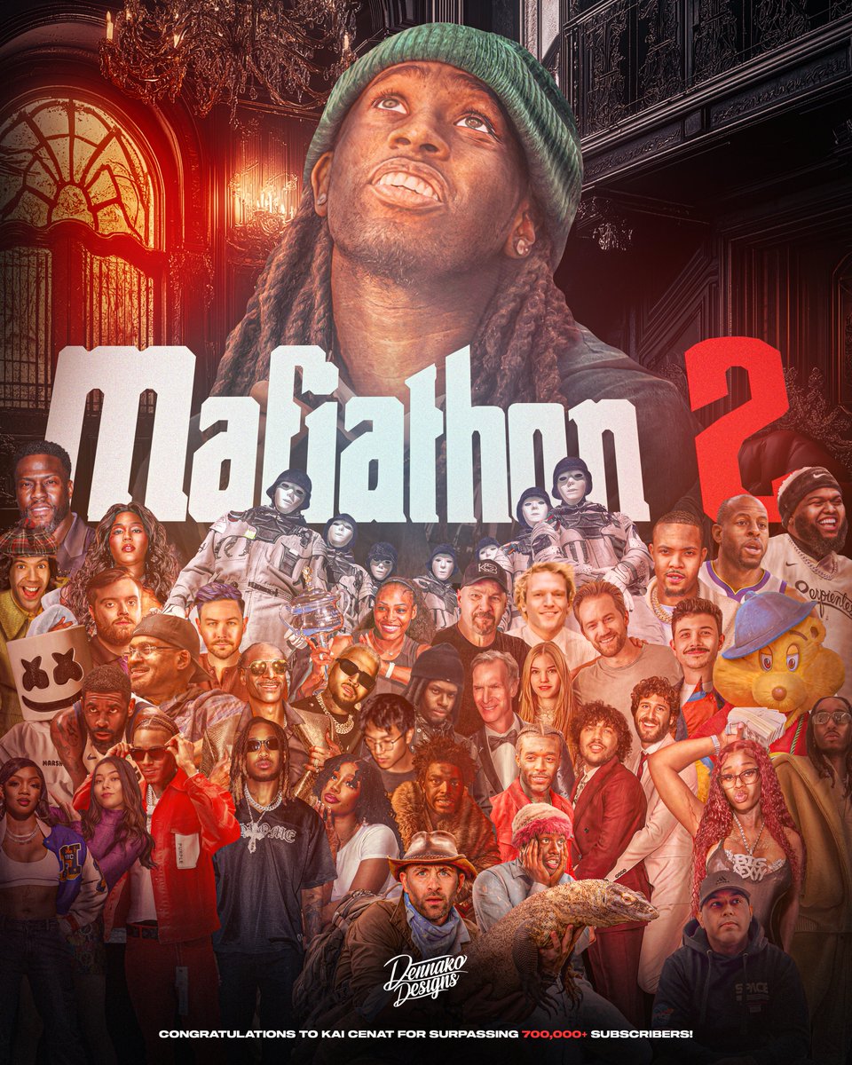 DennakoDesigns's tweet image. Kai Cenat "Mafiathon 2" Concept Poster

Featuring every guest from the subathon!

20 hours spent on this piece 🎨
-
All RT's &amp;amp; Likes are appreciated! ♻️❤️