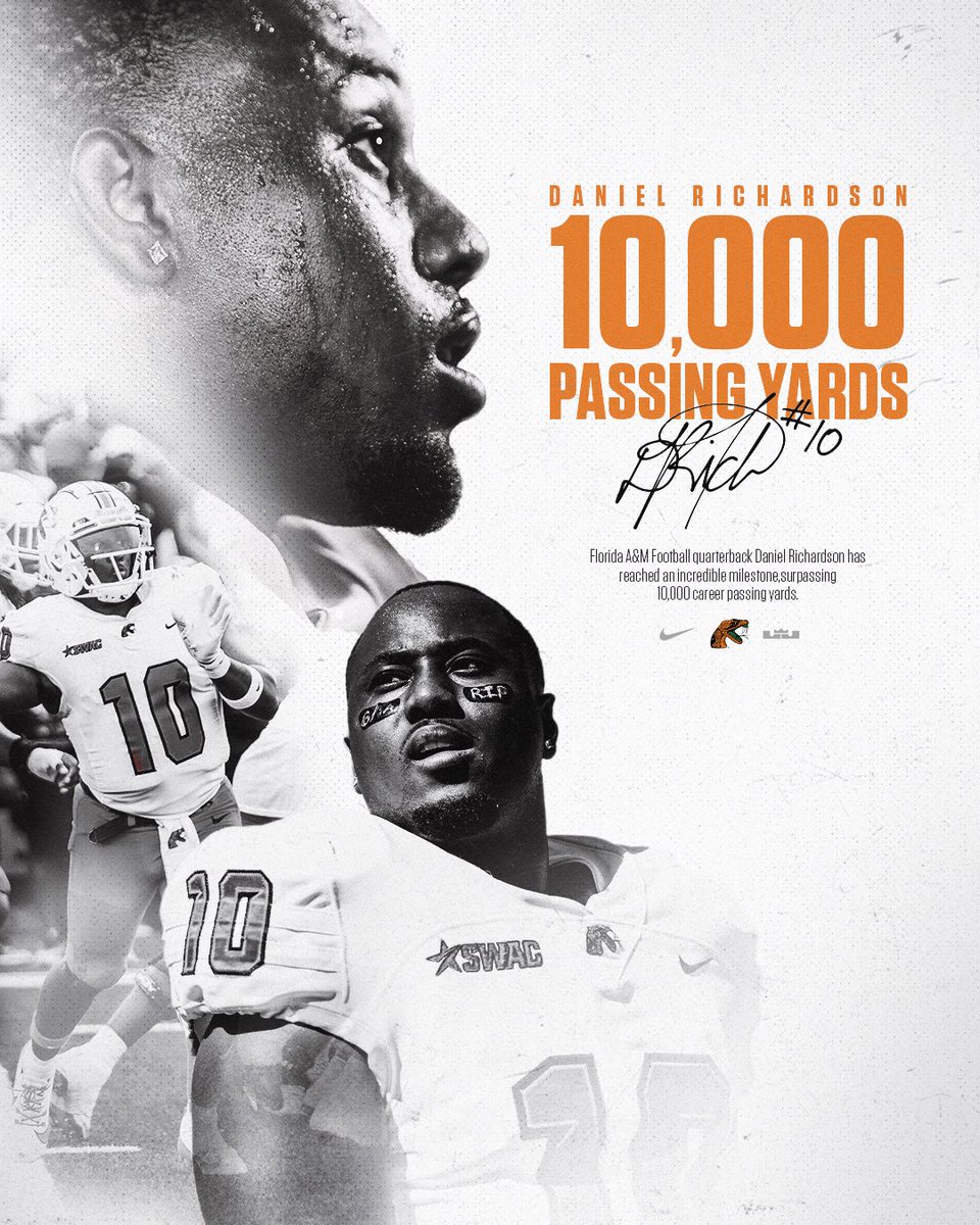 𝗗𝗥𝗜𝗖𝗛 𝗛𝗜𝗧𝗦 𝟭𝟬,𝟬𝟬𝟬+ 𝗣𝗔𝗦𝗦𝗜𝗡𝗚 𝗬𝗔𝗥𝗗𝗦 😮‍💨

Daniel Richardson has reached an incredible milestone, surpassing 10,000 career passing yards.

#FAMU | #Rattlers | #RELOAD | #REPEAT