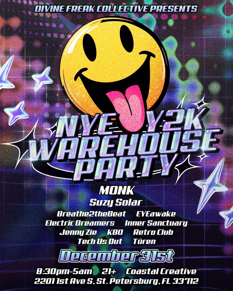 DjSuzySolar's tweet photo. On NYE I'm co-headlining w/ MONK at the NYE Y2K Warehouse Party at Coastal Collective, St Pete! I'm playing Progressive Psytrance:) Discount tix: https://t.co/cWKweQarwR

Music from 9PM-5AM, toast at midnight, 2 Stages, 12+ vendors, VIP + Bottle Service, WAAT sound system + MORE https://t.co/DX5N3kHGgL