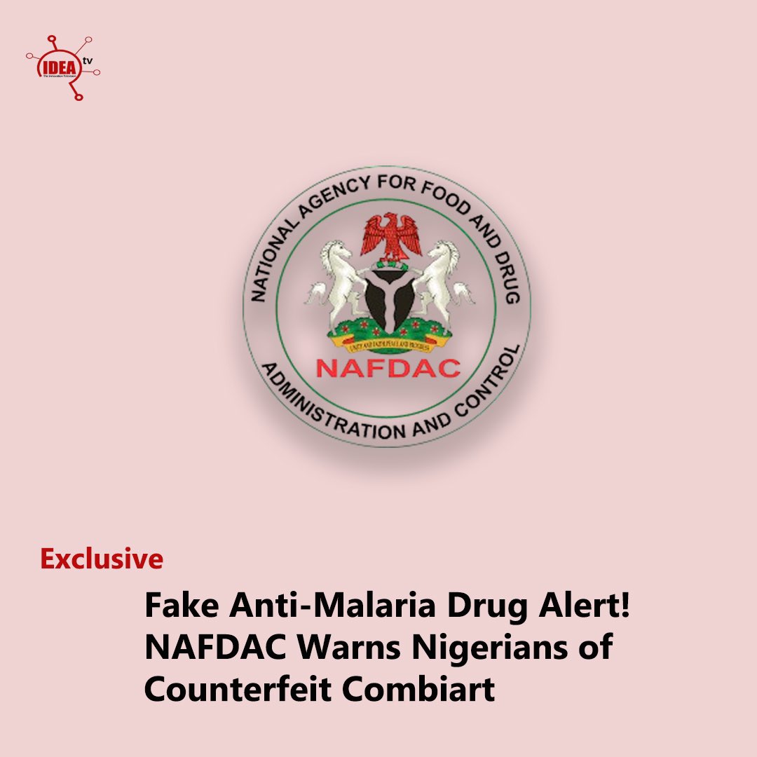ideatelevision's tweet image. The National Agency for Food and Drug Administration and Control (NAFDAC) is alerting Nigerians about counterfeit Combiart, an anti-malaria medication. The fake tablets contain no active ingredients and could pose a health risk.
#nafdac #ideatv